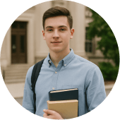 Young man in blue shirt holding books and backpack, standing before a university building.